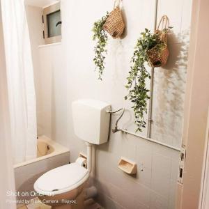 a bathroom with a toilet and plants on the wall at Penthouse Pyrgos Centre Olympia in Pyrgos