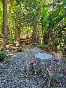 uma mesa e quatro cadeiras e uma rede de descanso num jardim em Nina-Flor Pousada Lumiar em Lumiar