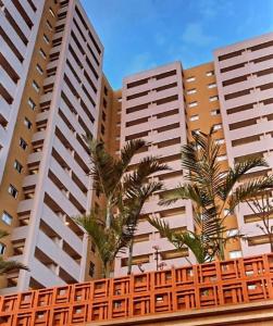 twee hoge gebouwen met palmbomen voor hen bij HotBeachSuites Lazer e Diversão in Olímpia