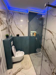 bagno con servizi igienici e soffitto blu di Jacuzzi Home a Oradea