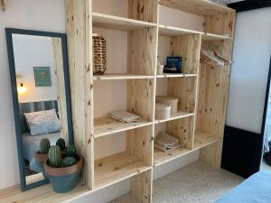 une étagère en bois dans une pièce avec un cactus dans l'établissement Les reflets de l'étang, à Balaruc-les-Bains