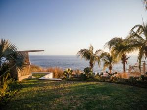 a view of the ocean from a lawn with palm trees at Casa de la Luna in Puerto Escondido