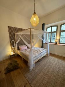 a bedroom with a bed with a mosquito net at Ferienwohnung Hortensie Rittergut Schloss Zehista Gutshaus in Pirna