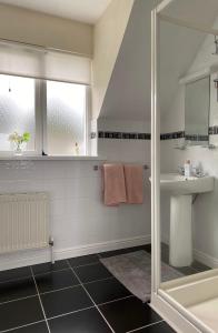 y baño con ducha y lavamanos. en Foxborough BnB, en Droichead an Chaisleáin