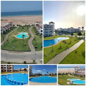 een collage van foto's van een resort en een zwembad bij Appartement de vacances BERALMAR CHEZ HOUDA in Asilah