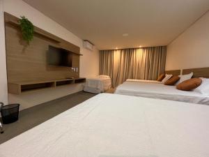 ein Hotelzimmer mit 2 Betten und einem Flachbild-TV in der Unterkunft HOTEL TERRA NATIVA in Alter do Chao