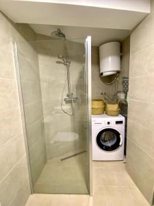 een douche in een badkamer met een wasmachine bij Villa Christina in Ohrid