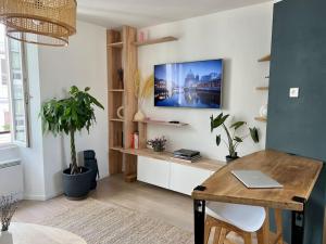Televízia a/alebo spoločenská miestnosť v ubytovaní Perle Rare - Cosy Duplex proche canal St.Martin