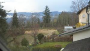 uma vista para um jardim a partir de uma janela de uma casa em Dream apartment in nice villa near forest em Brügg