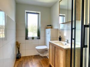 łazienka z toaletą, umywalką i oknem w obiekcie Altes Fischerhaus am Grimnitzsee w mieście Joachimsthal