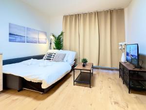 a bedroom with a large bed and a television at Brand new - FREE parking - balcony with city VIEW - Central shopping mall in Nivy