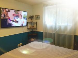 a bedroom with a bed and a tv on the wall at Private Retreat Apartment in DC in Washington