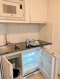 een kleine keuken met een open koelkast en een wastafel bij City Center Apartment in Zürich