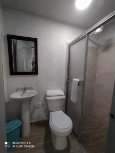 uma casa de banho com um WC, um lavatório e um chuveiro em Casa turística Santa Helena y el Danubio em Líbano