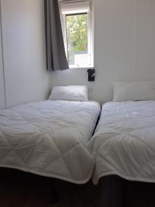 twee bedden in een kamer met een raam bij Cosy ecolodge with shared heated pool 10 from the beach in Les Mathes