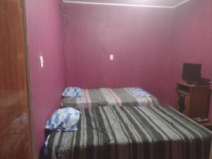 1 dormitorio con cama y pared púrpura en 420 Route's Backpackers en Nazca