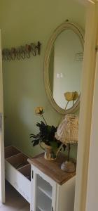 a bathroom with a mirror and a table with a plant at Villa Ivano apartmani in Biograd na Moru