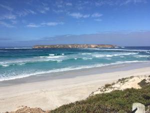 a beach with people surfing in the ocean at Very basic Cabin next to Long Beach & National park in Coffin Bay