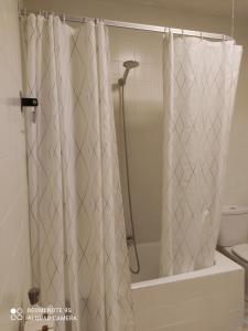 y baño con ducha y cortina de ducha. en Casa Daniela, en Fuentidueña