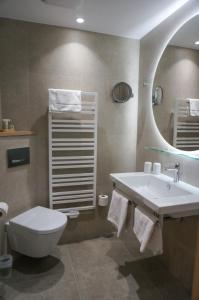 a bathroom with a sink and a toilet and a mirror at Landhaus Klosterwald in Lich