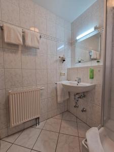 uma casa de banho com um lavatório, um espelho e um chuveiro em HoFer am Zeitberg Ferienwohnung Wildeck em Bad Kohlgrub