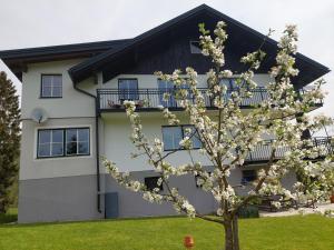 einem blühenden Baum vor einem Gebäude in der Unterkunft Apartmenthaus Eisenstraße in Lunz am See