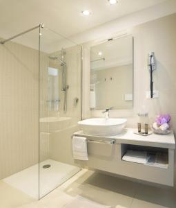 een badkamer met een wastafel en een glazen douche bij Seven Park Hotel Lake Como - Adults Only in Colico