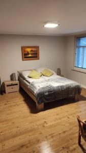 1 dormitorio con 1 cama grande con almohadas amarillas en Zimmervermietung M.P. en Greiz