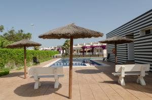 a group of umbrellas and chairs next to a pool at Birds&Nature in L'Eucaliptus