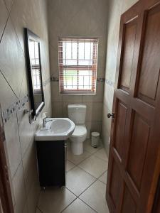a bathroom with a toilet and a sink and a window at On-Nkwe accommodation in Tierpoort