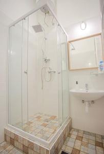 een badkamer met douche en wastafel bij Cosy flat in Akácfa str., Aya in Boedapest