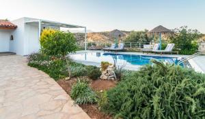 un patio trasero con piscina y jardín en Zeus's Daughtes Villas, en Pitsidia