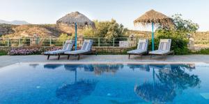 a group of chairs sitting next to a swimming pool at Zeus's Daughtes Villas in Pitsidia