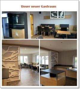 a collage of two pictures of a dining room at Garni Hotel & Ferienwohnungen Seeschlößchen in Waldeck
