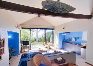 a living room with blue walls and a large window at Sky Island Studios in Mount Tamborine