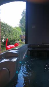 una piscina d'acqua con una sedia rossa in un cortile di Au repos de la licorne a Gommegnies