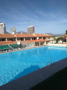 duży niebieski basen na dachu budynku w obiekcie Rent bungalow in Benidorm, Alicante, Spain w mieście Benidorm