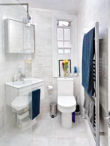 La salle de bains blanche est pourvue de toilettes et d'un lavabo. dans l'établissement Liberty Street, à Londres