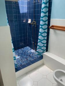 uma casa de banho com um chuveiro e azulejos azuis em Irish Hills em Hilton