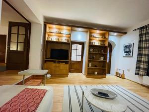 a living room with a couch and a tv at Sedra House in Sighişoara