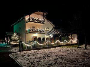 a house with christmas lights in front of it at Villa Bjelolasica in Jasenak