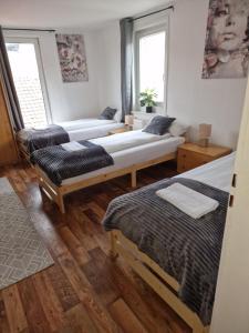 Cette chambre comprend 3 lits et 2 chaises. dans l'établissement Tilly Apartment, à Hann. Münden