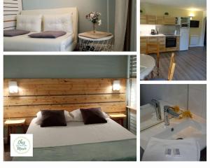 three pictures of a hotel room with a bed and a sink at Gîte et chambre d'hôtes Chez Marie in Compeyre