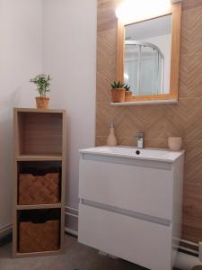 La salle de bains est pourvue d'un lavabo blanc et d'un miroir. dans l'établissement Escale à Épernay: Studio proche du centre ville, à Épernay