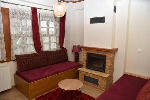 a living room with a couch and a fireplace at NUCA GUESTHOUSE in Metsovo