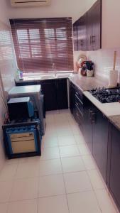 a kitchen with black cabinets and a stove top oven at Exquisite 2-Bedroom Apt in Oniru in Lagos