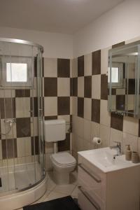 a bathroom with a toilet and a shower and a sink at Apartment Orebic 4526b in Orebić