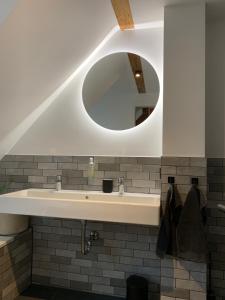 uma casa de banho com um lavatório e um espelho em Anderswo Apartments em Langenau