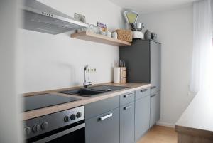 a kitchen with a sink and a stove at LUX Ferienwohnung im Weinort Pommern an der Mosel in Pommern