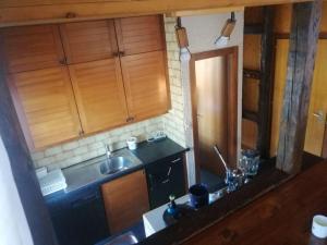 a small kitchen with wooden cabinets and a sink at Le Raccard de Turin VS in Salins